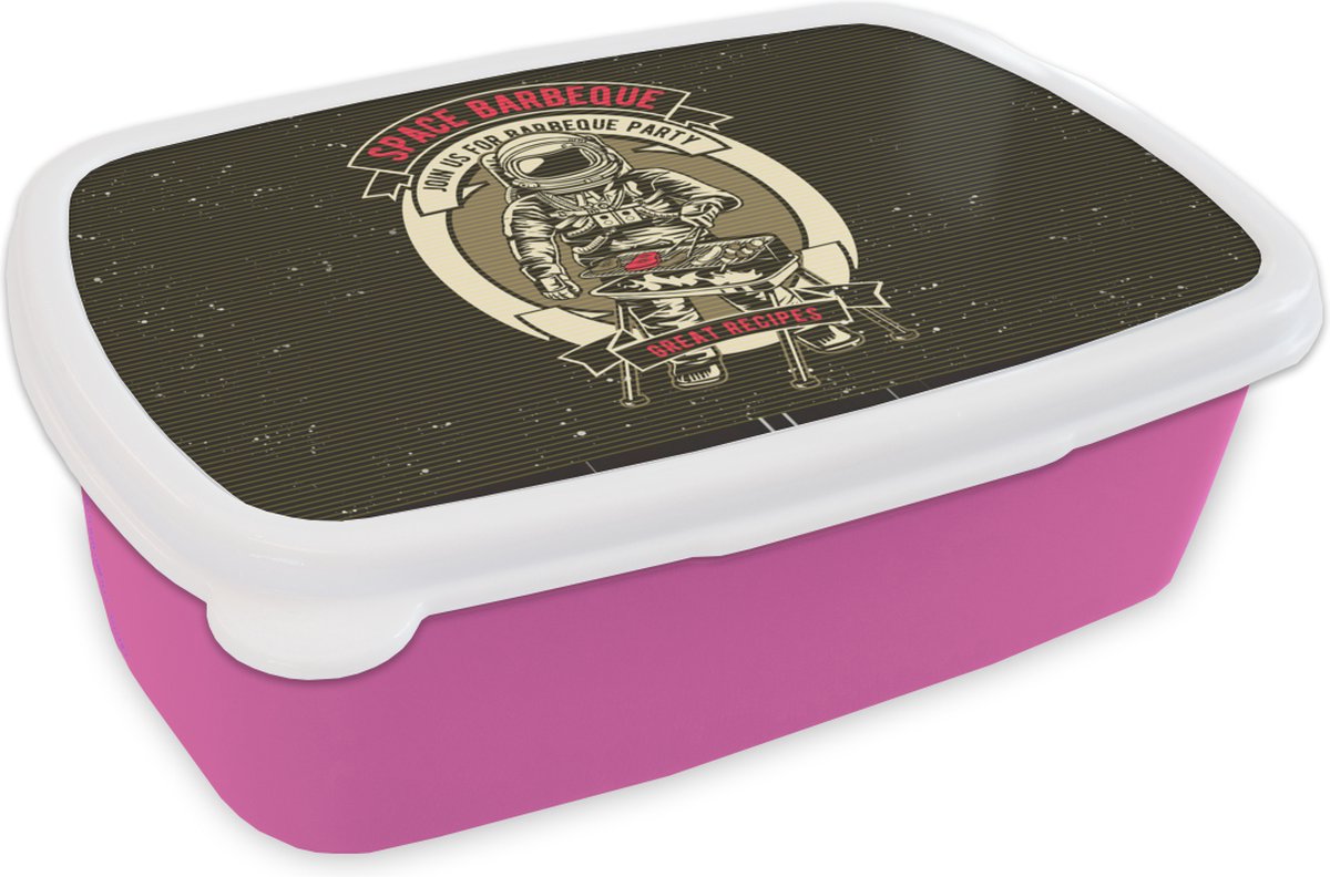 Broodtrommel Roze - Lunchbox - Brooddoos - Vintage - Astronaut - BBQ - 18x12x6 cm - Kinderen - Meisje