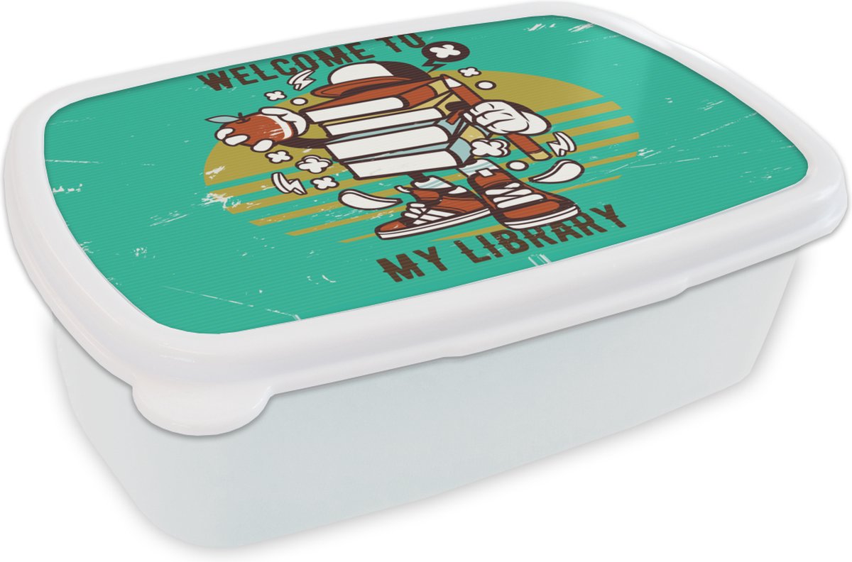 Broodtrommel Wit - Lunchbox - Brooddoos - Vintage - Boek - Appel - 18x12x6 cm - Volwassenen