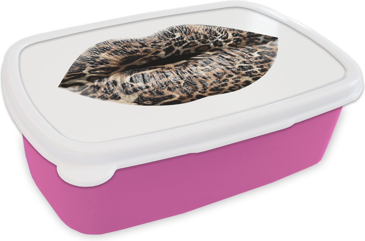 Broodtrommel Roze - Lunchbox - Brooddoos - Lippen - Tijgerprint - Wit - 18x12x6 cm - Kinderen - Meisje