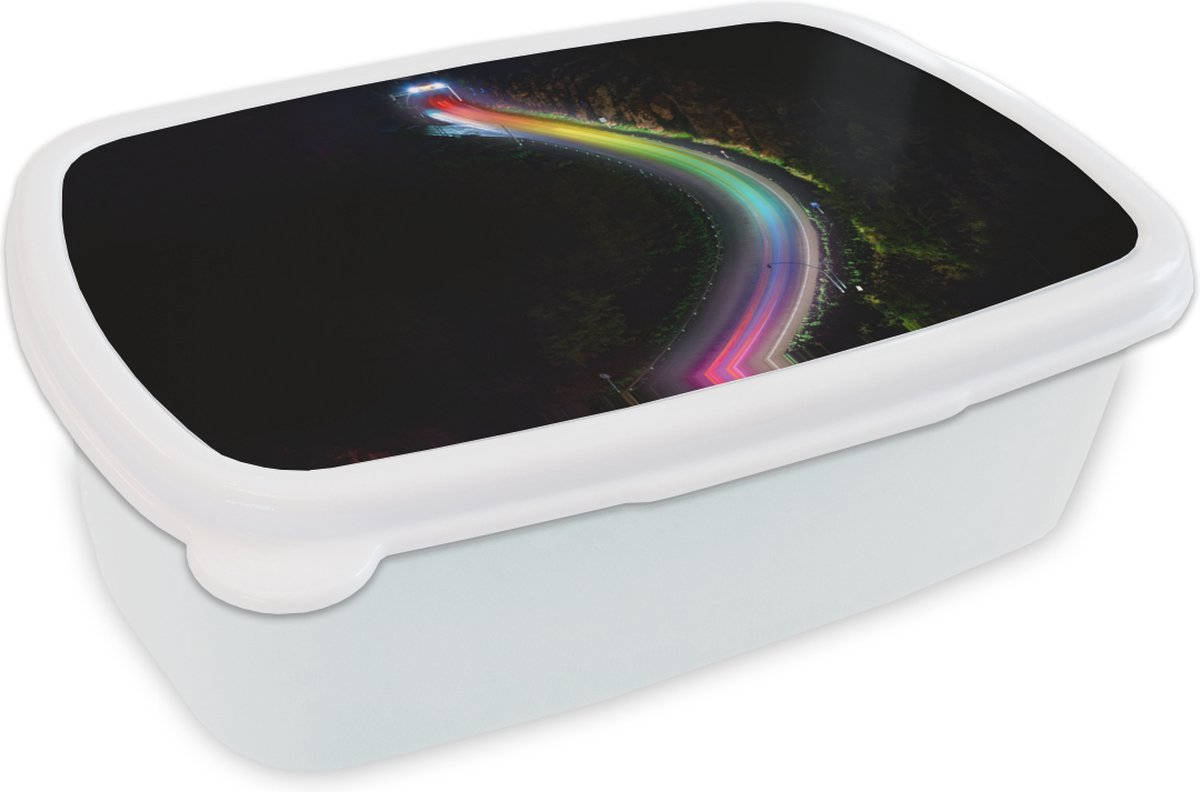 Broodtrommel Wit - Lunchbox - Brooddoos - Regenboog licht op de weg - 18x12x6 cm - Volwassenen