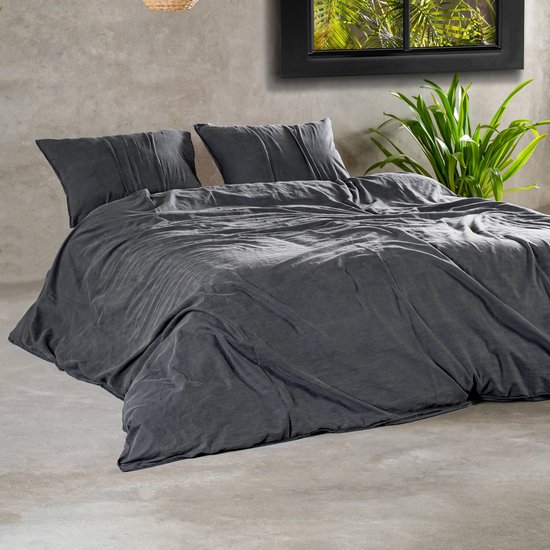 Charm & Co Stone washed - Dekbedovertrek - 100% Zacht Katoen - Tweepersoons - 200 x 200/220 - Antraciet van Charm & Co — afbeelding 2