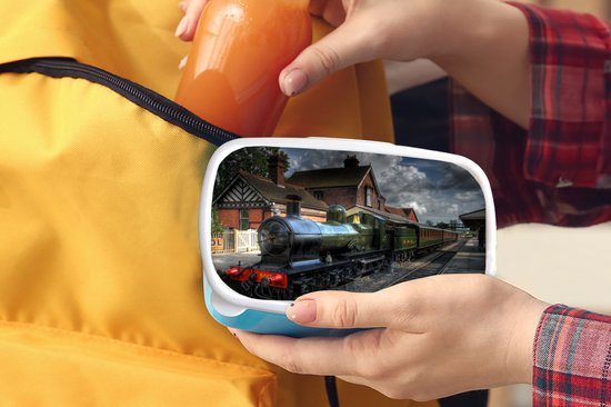 Boîte à pain Blauw - Boîte à lunch - Boîte à pain - Une locomotive à vapeur dans un village pittoresque - 18x12x6 cm - Enfants - Garçon - Cadeau Sinterklaas - Distribution de cadeaux pour enfants - Cadeaux chaussures Sinterklaas