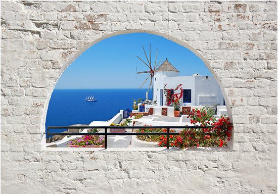 245cm X 175cm - Zelfklevend fotobehang -  Zomer in Santorini  , Premium Print