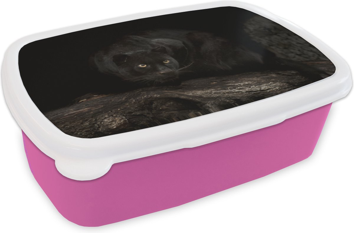 Broodtrommel Roze - Lunchbox - Brooddoos - Panter - Bos - Ogen - 18x12x6 cm - Kinderen - Meisje
