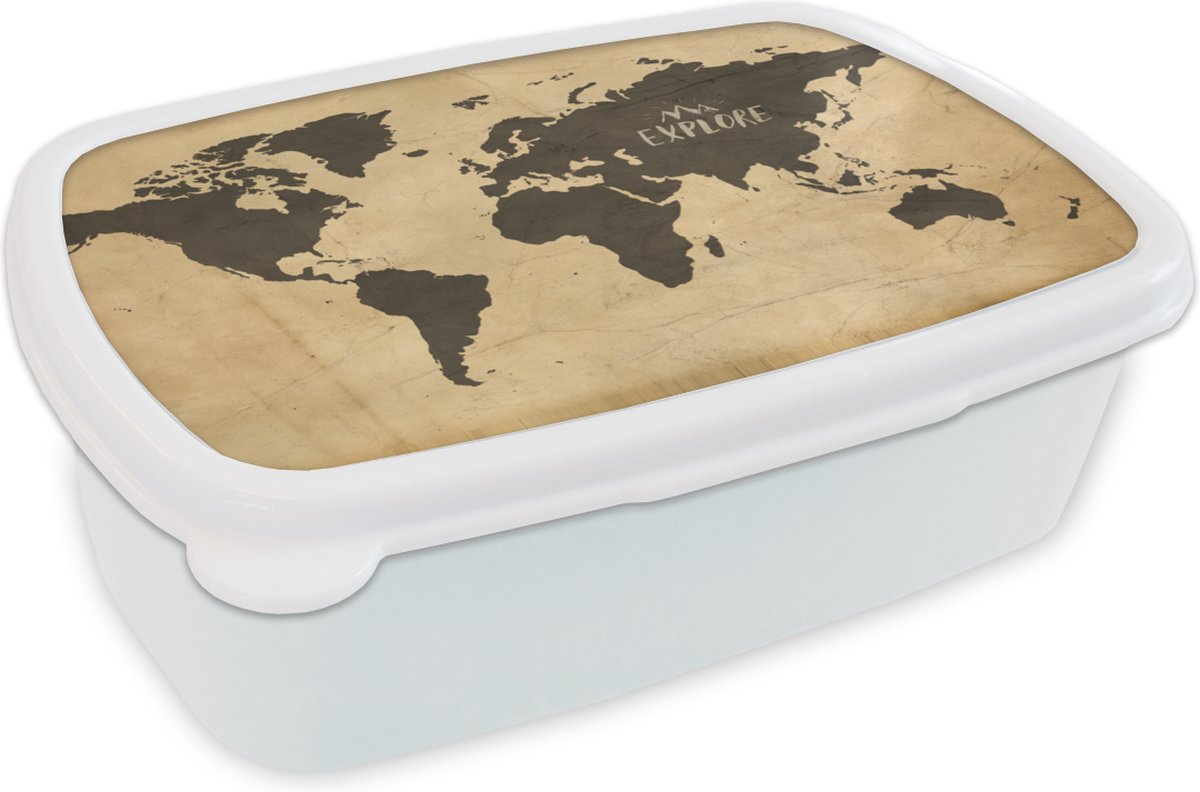 Broodtrommel Wit - Lunchbox - Brooddoos - Wereldkaart - Explore - Vintage - 18x12x6 cm - Volwassenen