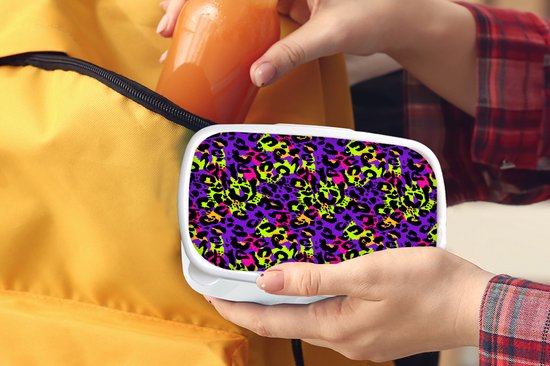 Broodtrommel Wit - Lunchbox Panterprint - Neon - Paars - Geel - Brooddoos 18x12x6 cm - Brood lunch box - Broodtrommels voor kinderen en volwassenen