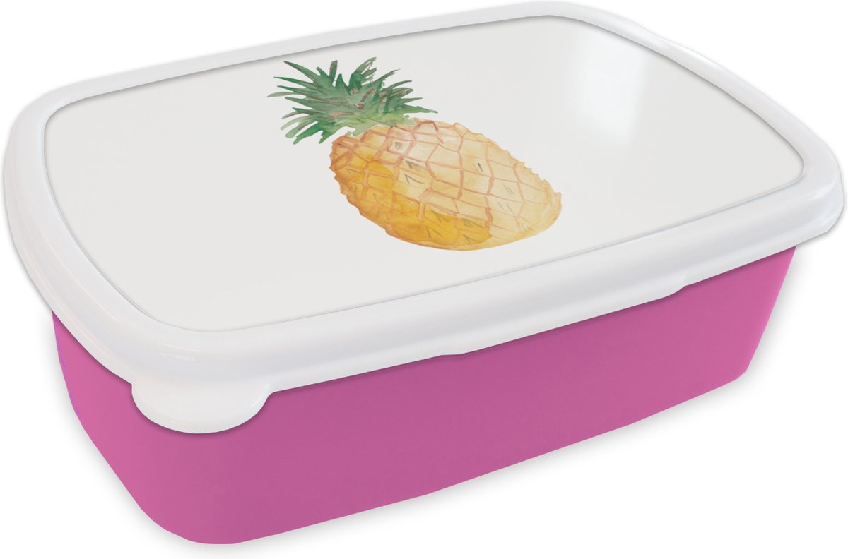 Broodtrommel Roze - Lunchbox - Brooddoos - Ananas - Fruit - Wit - 18x12x6 cm - Kinderen - Meisje