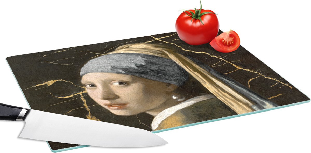 Glazen Snijplank - 39x28 - Meisje met de parel - Goud - Marmer - Snijplanken Glas