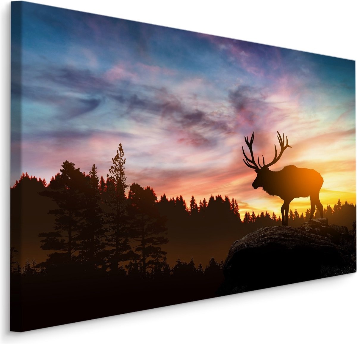 karo-art Schilderij - Hert bij zonsopkomst, majestueus, Premium Print Multikleur