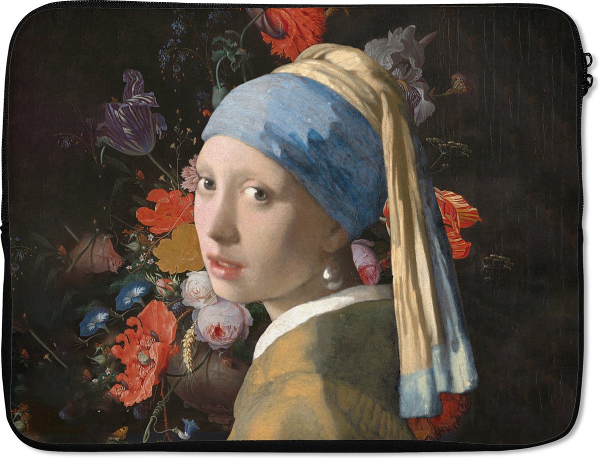 Laptophoes 17 inch - Meisje met de parel - Vermeer - Bloemen - Laptop sleeve - Binnenmaat 41x28 cm - Zwarte achterkant