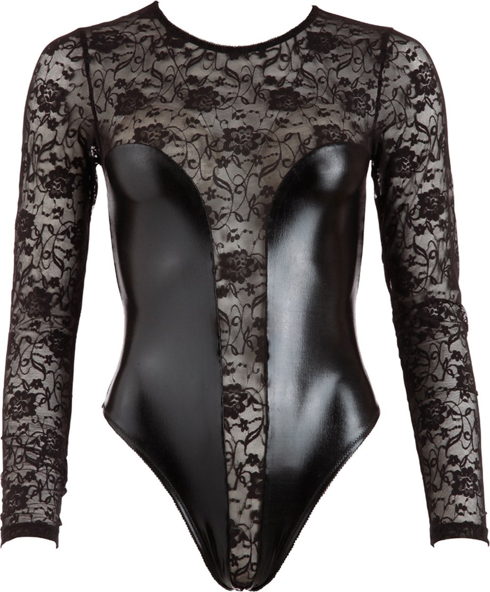 Goedkoopste Cottelli Collection – Wetlook Kanten Afwerking String Body voor de Perfecte Date met Happy End – Maat S – Zwart