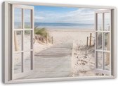 Trend24 - Canvas Schilderij - Raampad Naar Het Strand - Schilderijen - Landschappen - 90x60x2 cm - Beige