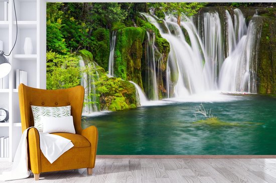 Papier peint vinyle - Diverses cascades du parc national d'Erawan en Thaïlande largeur 420 cm x hauteur 280 cm - Tirage photo sur papier peint (disponible en 7 tailles)