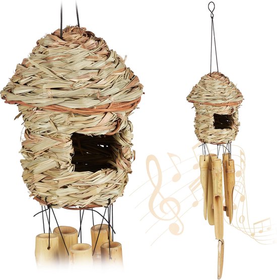 Relaxdays Windgong bamboe - set van 2 - vogelhuisje
