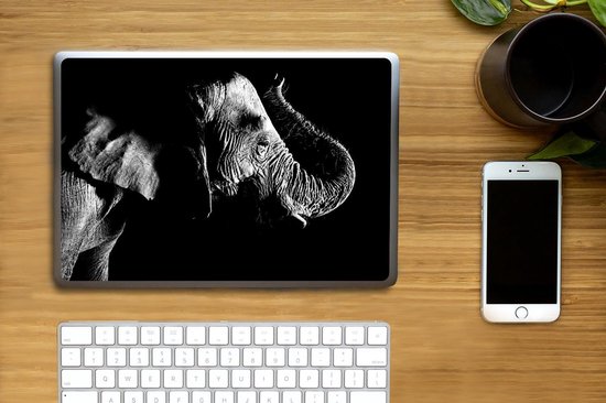 Sticker pour ordinateur portable - 10,1 pouces - Éléphant avec sa trompe relevée sur fond noir - noir et blanc - 25x18cm - Autocollants pour ordinateur portable - Skin pour ordinateur portable - Housse