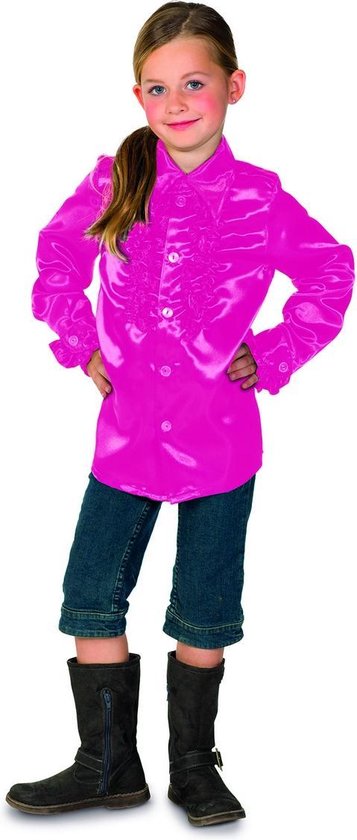 Wilbers & Wilbers - Jaren 80 & 90 Kostuum - Razend Roze Ruches Blouse Kind - roze - Maat 128 - Carnavalskleding - Verkleedkleding