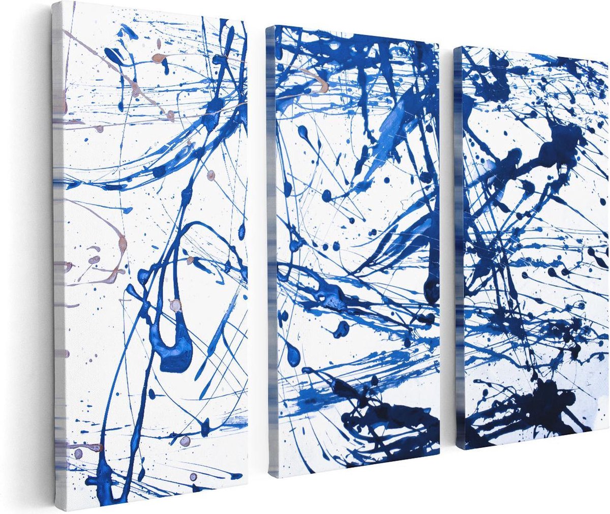 Artaza Canvas Schilderij Drieluik Abstracte Kunst Blauwe Verf - 120x80 - Foto Op Canvas - 