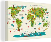 Canvas Wereldkaart - 120x80 - Wanddecoratie Wereldkaart Kinderen - Groen - Dieren