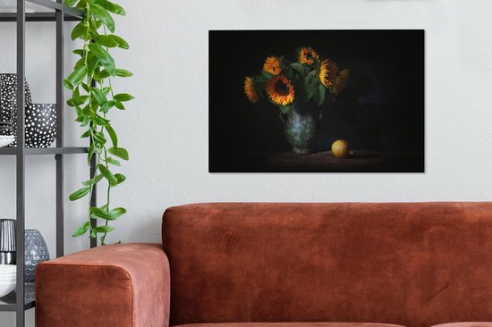 Nature morte de tournesols sur fond noir 90x60 cm - Tirage photo sur toile (Décoration murale salon / chambre)