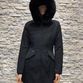Zwart Lang gewatteerde dames winterjas met bontkraag-Lola - Zwart, XL
