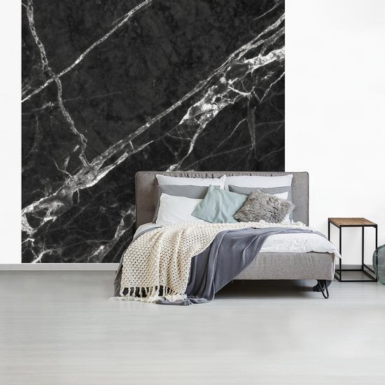 Behang - Fotobehang Marmer - Lijn - Wit - Zwart - Breedte 260 cm x hoogte 260 cm
