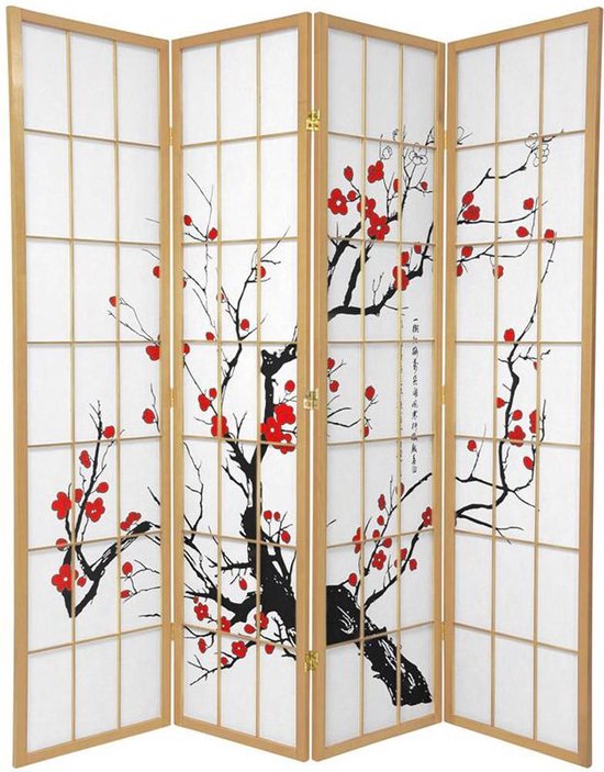 Fine Asianliving Japans Kamerscherm L180xH180cm Shoji Rijstpapier 4 Panelen Naturel - Sakura