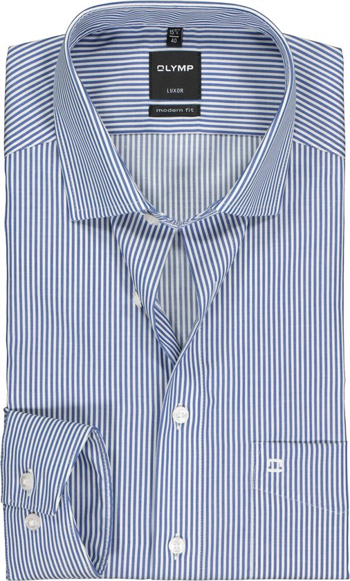OLYMP Luxor modern fit overhemd - mouwlengte 7 - twill - marine blauw met wit gestreept - Strijkvrij - Boordmaat: 42