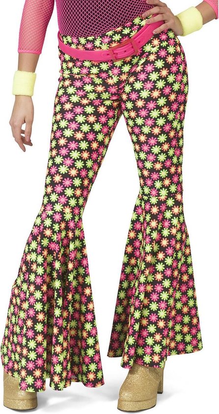 Funny Fashion - Hippie Kostuum - Fluor Flower Power Goes Disco Broek Vrouw  - geel,roze... | bol.com