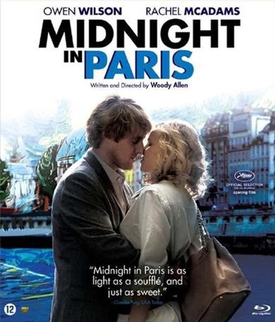 Filmcover van Midnight in Paris met Owen Wilson en Rachel McAdams, met de tekst "Midnight in Paris is as light as a soufflé, and just as sweet."
