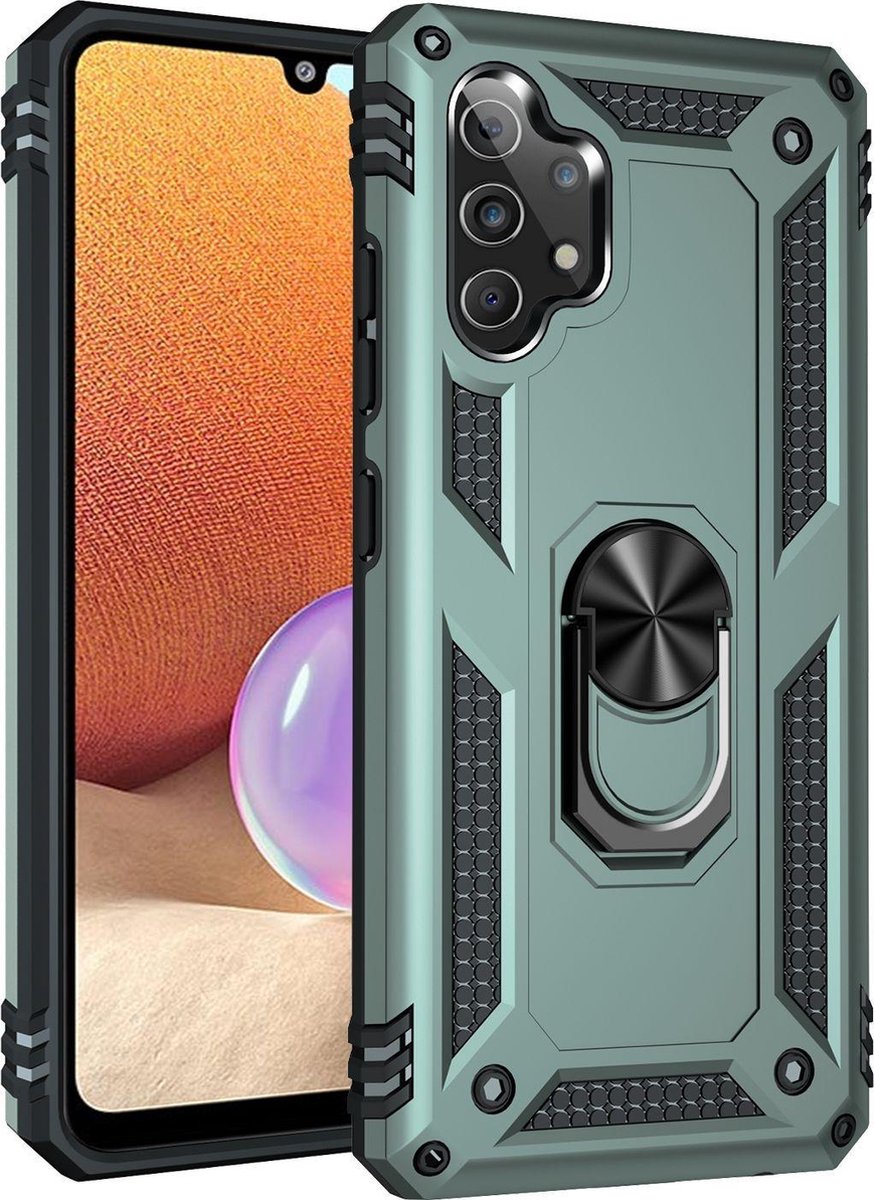 Mobigear Hoesje geschikt voor Samsung Galaxy A32 4G Telefoonhoesje Hardcase | Mobigear Armor Ring Backcover Shockproof met Ringhouder | Schokbestendig Galaxy A32 4G Telefoonhoesje | Anti Shock Proof - Groen