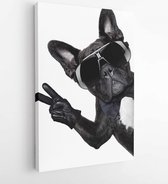 Canvas schilderij - Cool dog with peace or victory fingers beside a white blank banner or placard -  197519258 - 115*75 Vertical