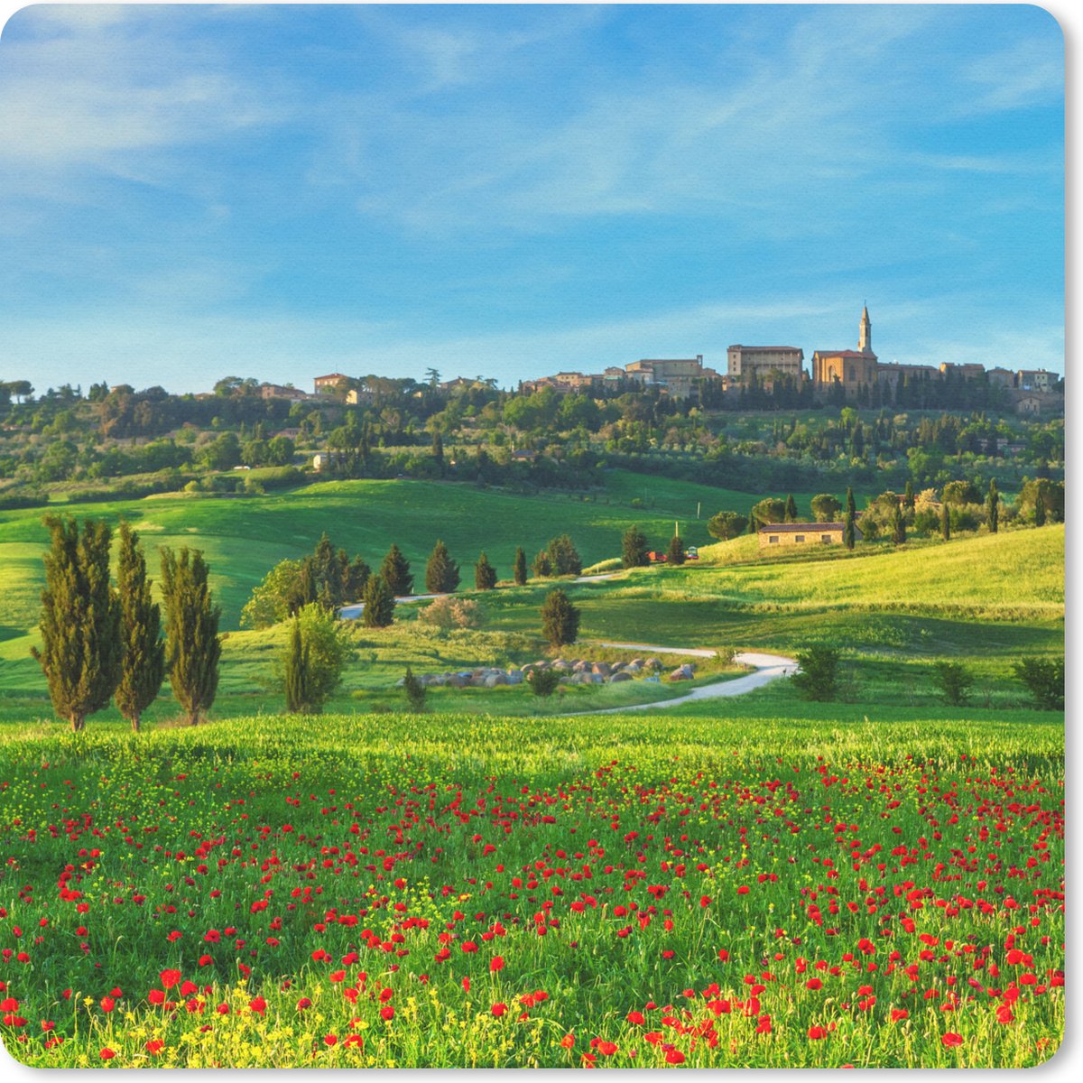 Muismat 30x30 cm - Mousepad Toscane - Landschap - Bloemen - Muismatten
