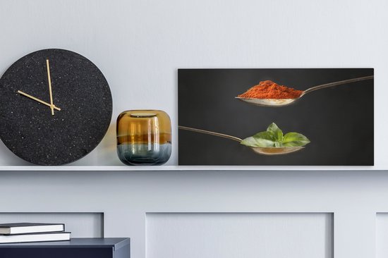 Canvas schilderij 40x20 cm - Wanddecoratie Kruiden - Lepel - Specerijen - Zwart - Italiaans - Muurdecoratie accessoires - Keuken decoratie muur - Schilderijen op canvas