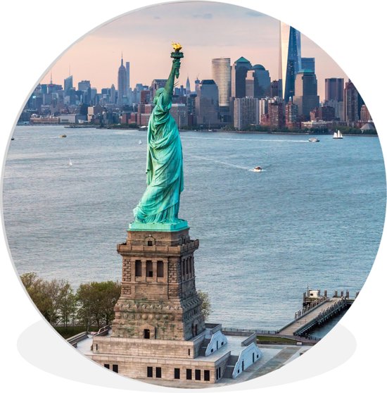WallCircle - Wandcirkel ⌀ 60 - Vrijheidsbeeld met de skyline van New York - Ronde schilderijen woonkamer - Wandbord rond - Muurdecoratie cirkel - Kamer decoratie binnen - Wanddecoratie muurcirkel - Woonaccessoires