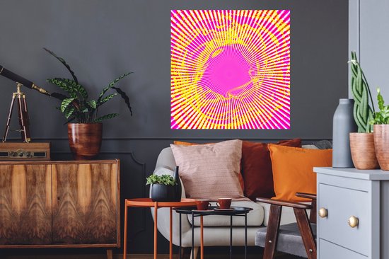 Sticker Muursticker Art psychédélique - Art psychédélique aux rayons roses et jaunes - 80x80 cm - film adhésif autocollant - sticker mural repositionnable
