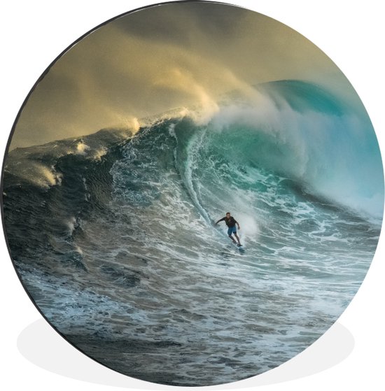 WallCircle - Wandcirkel - Muurcirkel - Surfer op grote golfen - Aluminium - Dibond - ⌀ 60 cm - Binnen en Buiten