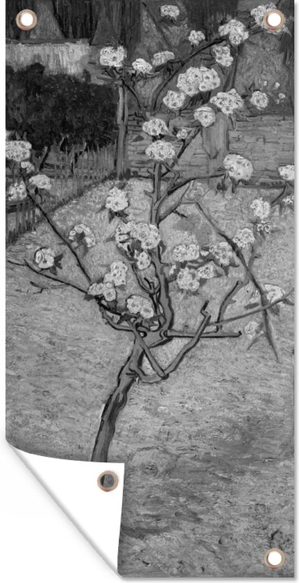 Tuinposter Perenboompje in bloei - Vincent van Gogh - Zwart - Wit - 40x80 cm - Wanddecoratie Buiten - Tuinposter - Tuindoek - Schuttingposter - Tuinschilderij