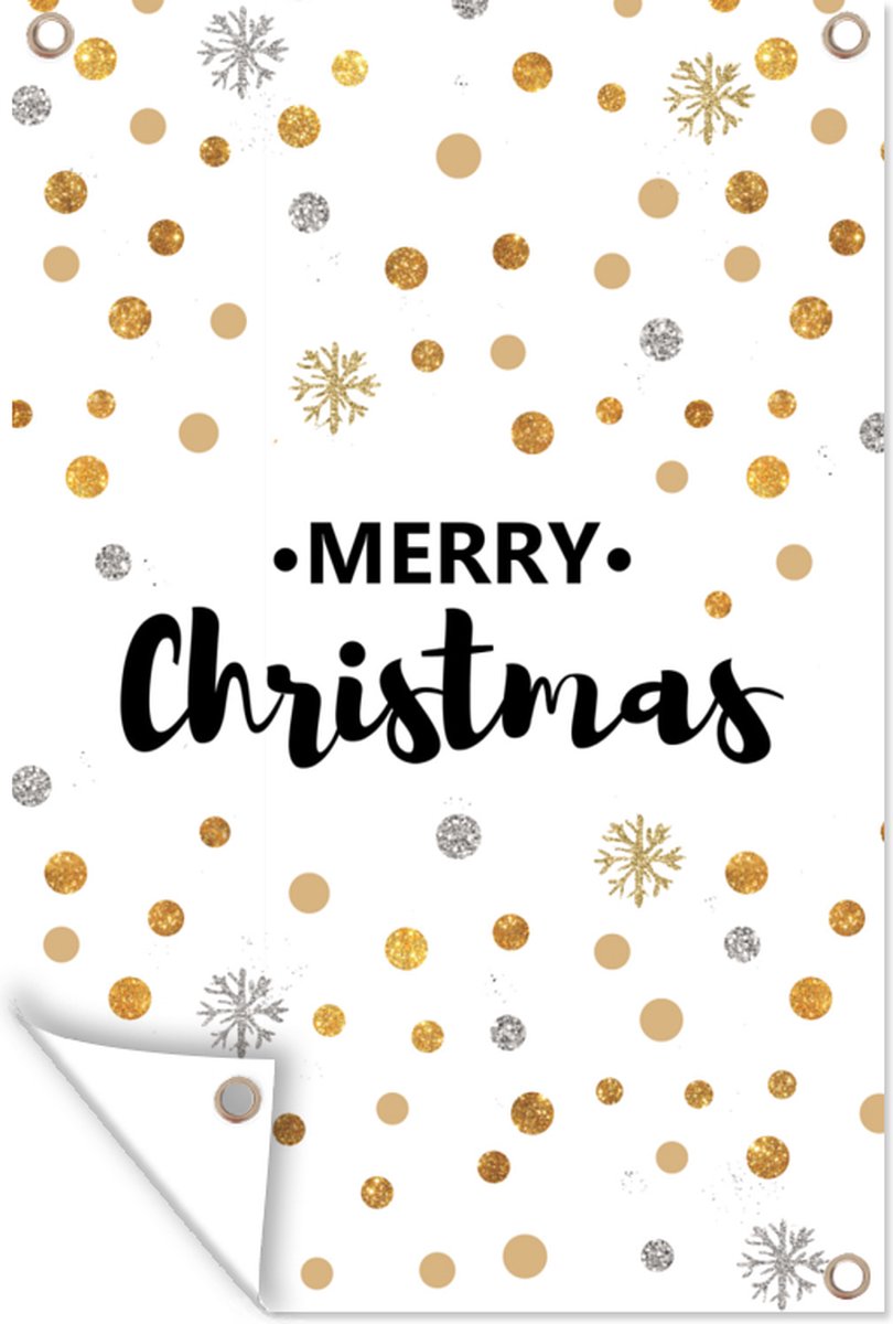Moderne gouden kerst tuinposter met 'Merry Christmas' en spreuken, 40x60 cm, voor tuindecoratie.