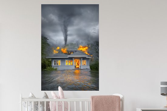 Muurstickers - Sticker Folie - Een huis staat in de brand met een tornado - 80x120 cm - Plakfolie - Muurstickers Kinderkamer - Zelfklevend Behang - Zelfklevend behangpapier - Stickerfolie