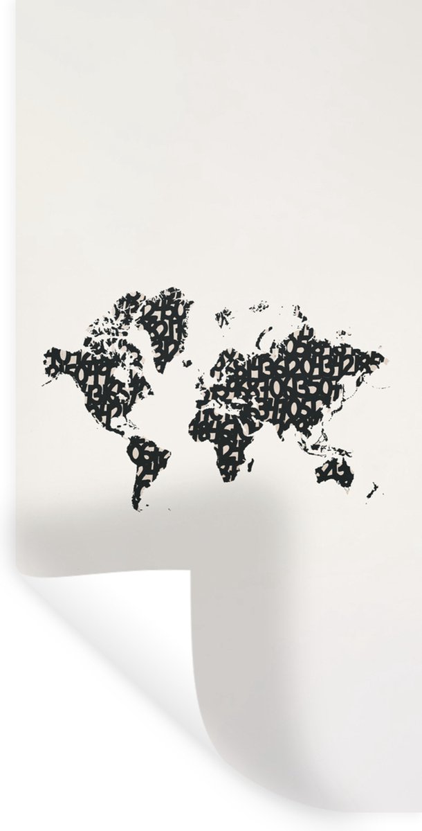 Muurstickers - Sticker Folie - Wereldkaart - Cijfers - Zwart - 40x80 cm - Plakfolie - Muur