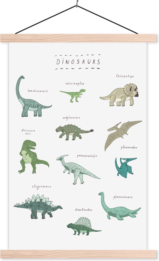 Posterhanger incl. Poster - Schoolplaat - Kinderkamer - Kleuren - Dinosaurus - Jongen - Meisje - Kind - 60x90 cm - Blanke latten