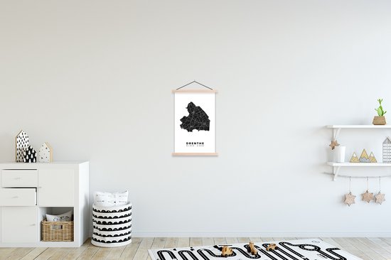 Posterhanger incl. Poster 40x60 cm - Schoolplaat - Drenthe - Wegenkaart Nederland - Wit - Textielposter - Blanke latten