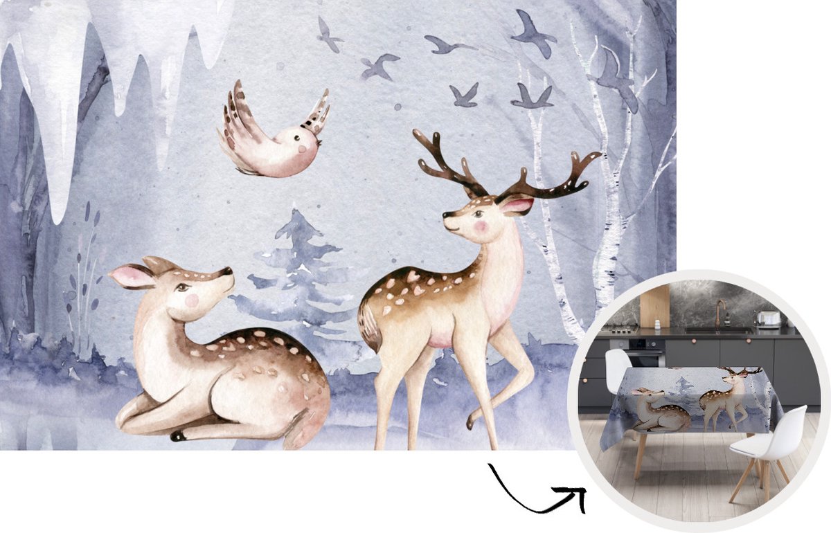 Tafelkleed - Tafellaken - 200x130 cm - Winter - Hert - Vogel - Sneeuw - Binnen en Buiten
