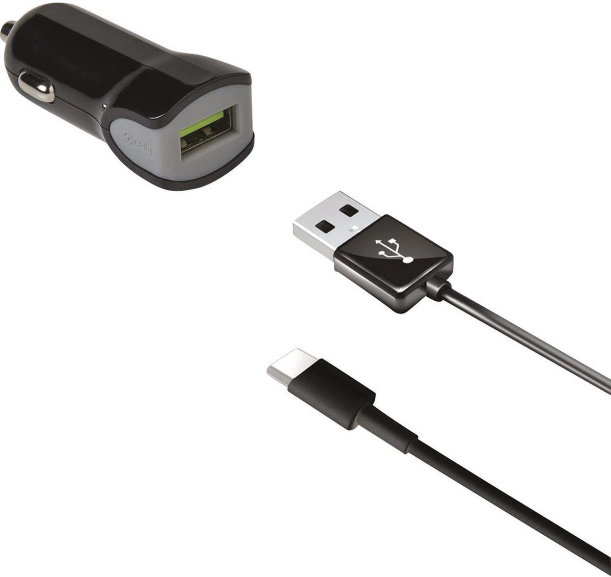 Celly USB-A Autolader en ASB-A naar USB-C kabel – Voor smartphone, tablet of navigatiesysteem - 2.4A – 1 meter - Zwart