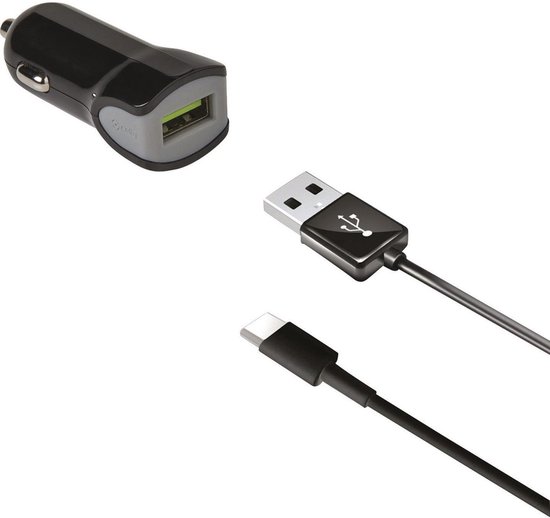 Celly USB-A Autolader en ASB-A naar USB-C kabel – Voor smartphone, tablet of navigatiesysteem - 2.4A – 1 meter - Zwart