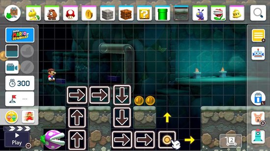Mario op een platform in een onderwaterwereld. De speler bouwt met pijlen en gouden munten.