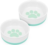 Navaris set van 2 voerbakjes - Voor hond en kat - Etensbak en waterbak van porselein - Met siliconen antislip onderzijde - Wit/Groen