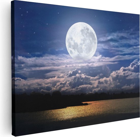 Artaza Canvas Schilderij Volle Maan bij het Water - 80x60 - Foto Op Canvas - Canvas Print