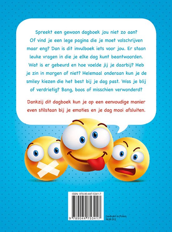 Achterkant van een emotiedagboek voor kinderen. Tekst met uitleg, een grote boze emoji en een streepjescode.