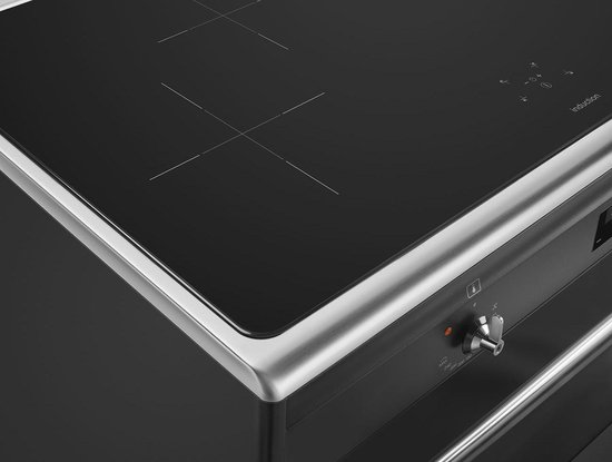 Detail van zwarte inductiekookplaat met metalen rand en draaiknop.